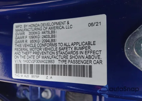 2021 Honda Accord Sport 2.0T z USA, uszkodzony, nr VIN 1HGCV2F30MA023663